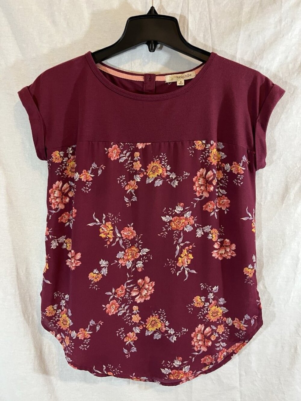 Rewind Women’s Small Wine Red Floral Short Sleeve Blouse